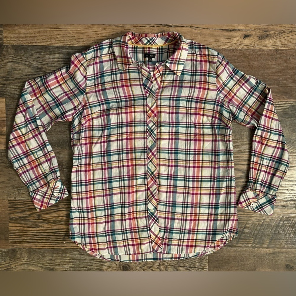 Talbots Womens Long Sleeve Button Up Green Blue Pink‎ Plaid Cotton Shirt Medium